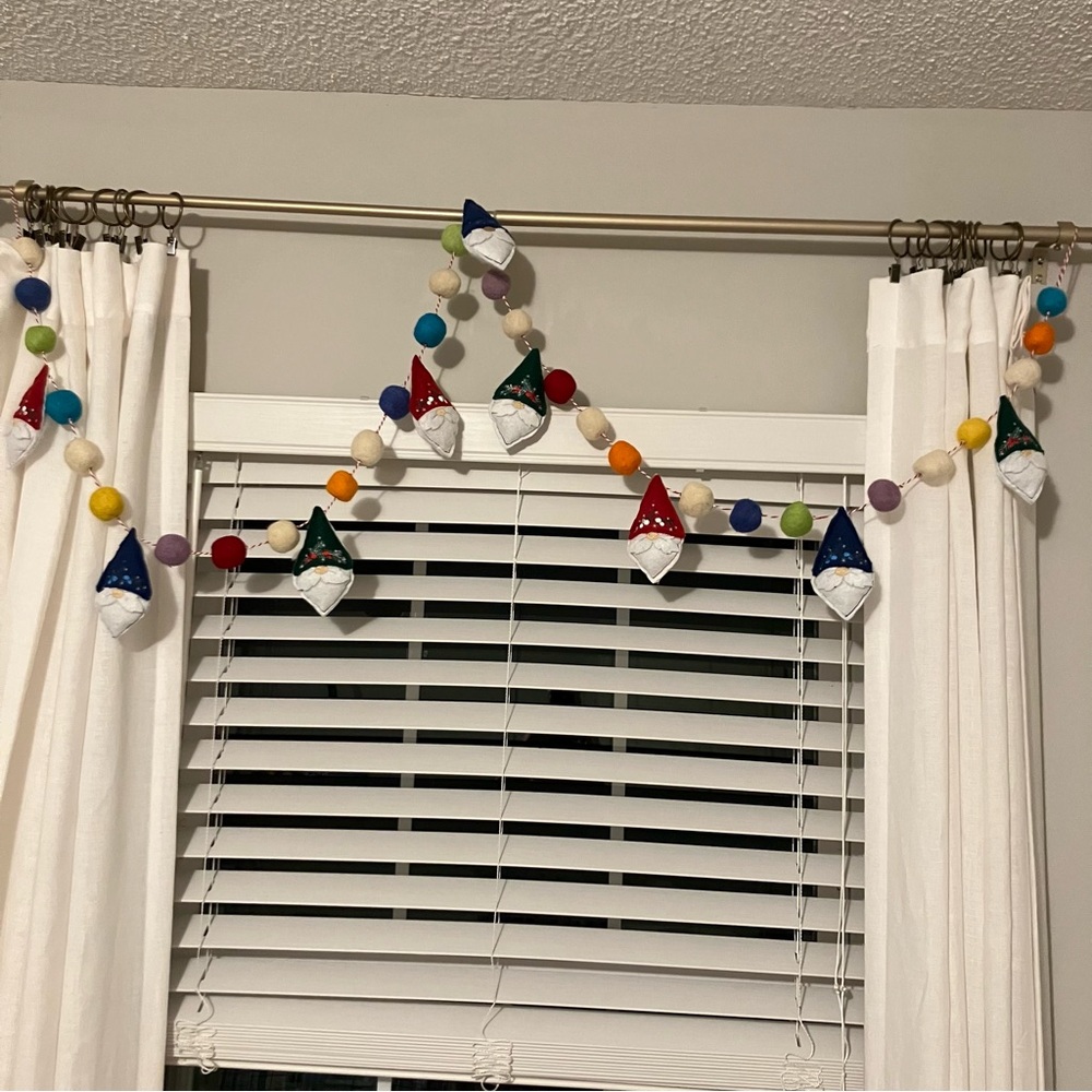 Handmade Garland with Embroidered stuffed gnomes and colorful wool felt balls